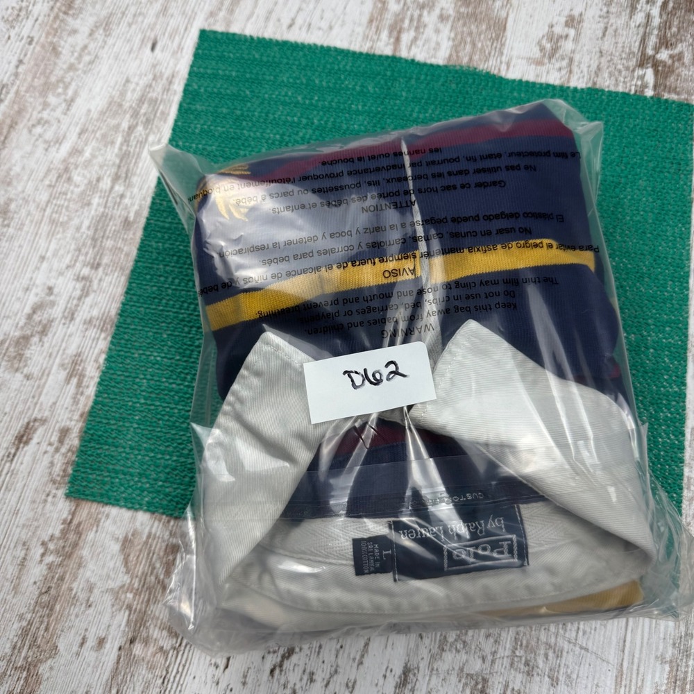VTG Polo Ralph Lauren Rugby Shirt Mens Large Custom Fit Navy Striped Lion Crest - Picture 9 of 9